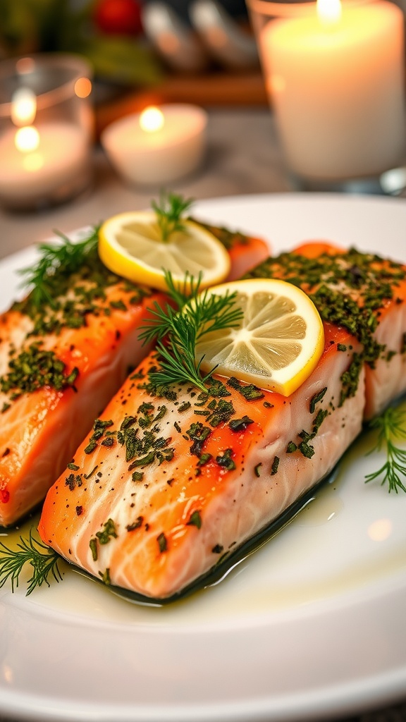 Romantic Herb-Crusted Salmon for Your Dinner Date Herb-crusted salmon fillets garnished with dill and lemon on a white plate in a romantic setting.